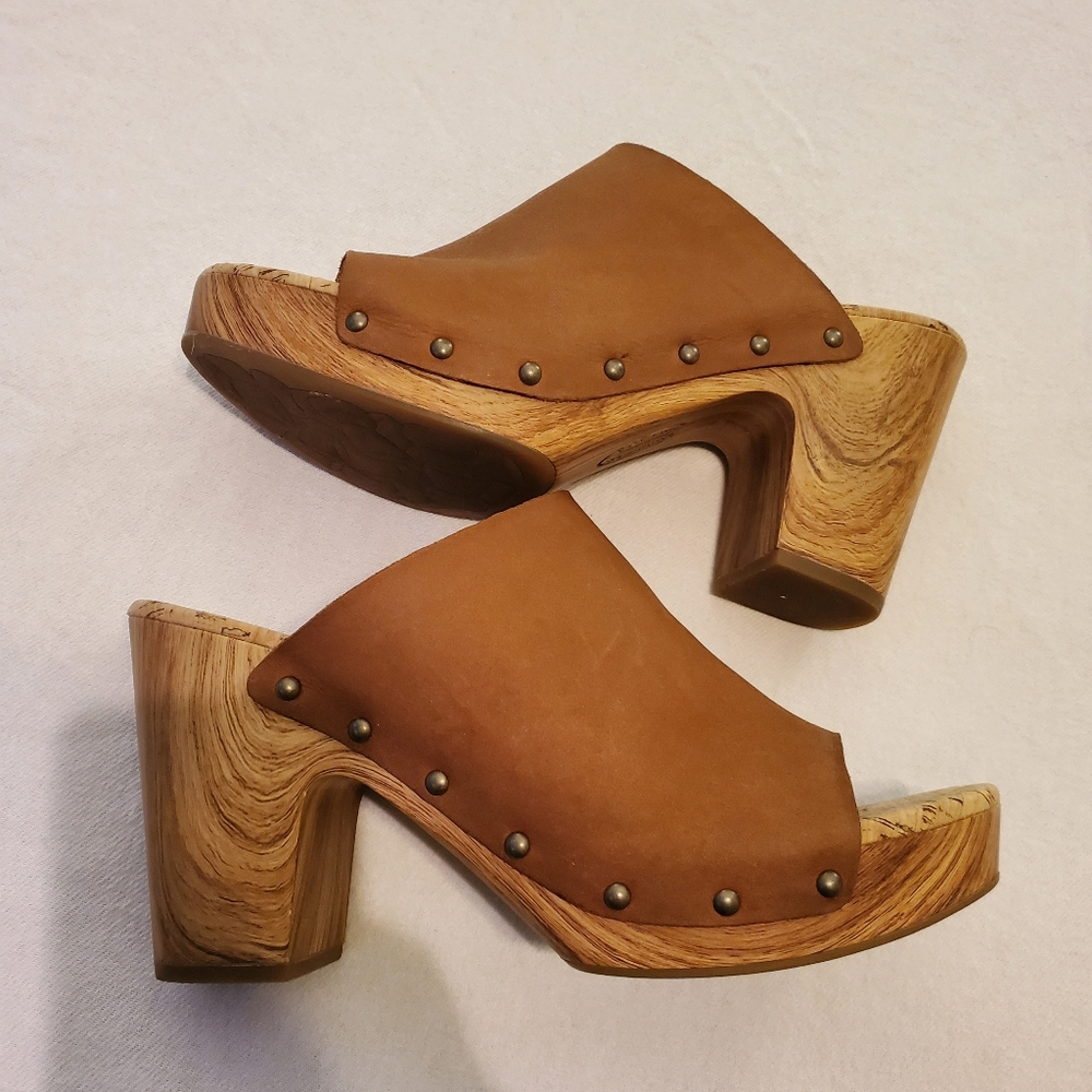 KORK-EASE Danika Wood Grain Cork Cognac Leather Platform Slide-On Sandals SZ 11 - Picture 8 of 11